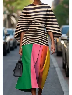 Women's Long Dress Maxi Dress Casual Dress Summer Dress Fashion Modern Daily Date Weekend Regular Fit Geometric 3/4 Length Sleeve Crew Neck Colorful Black White Yellow Summer Women Floral Dresses