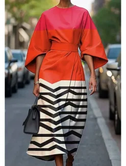 Women's Long Dress Maxi Dress Casual Dress Summer Dress Fashion Modern Daily Date Weekend Regular Fit Geometric 3/4 Length Sleeve Crew Neck Colorful Black White Yellow Summer Women Floral Dresses