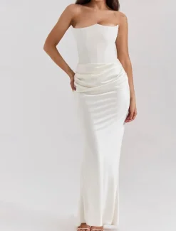 New Women's Long Dress Maxi Dress White Dress Graduation Dress Prom Dress Party Dress Elegant Fashion Party Special Occasion Evening Party Regular Fit Plain Sleeveless Strapless Black White Pink Red Women White Dresses