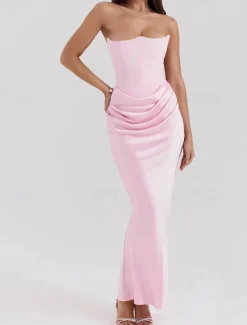 New Women's Long Dress Maxi Dress White Dress Graduation Dress Prom Dress Party Dress Elegant Fashion Party Special Occasion Evening Party Regular Fit Plain Sleeveless Strapless Black White Pink Red Women White Dresses