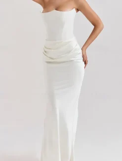New Women's Long Dress Maxi Dress White Dress Graduation Dress Prom Dress Party Dress Elegant Fashion Party Special Occasion Evening Party Regular Fit Plain Sleeveless Strapless Black White Pink Red Women White Dresses