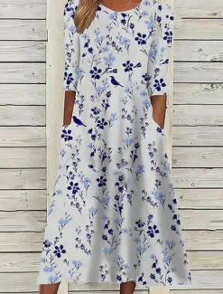 Best Women's Long Dress Maxi Dress Casual Dress Floral Dress Classic Modern Outdoor Daily Going out Regular Fit Flower Long Sleeve Crew Neck White Blue Fall Women Floral Dresses