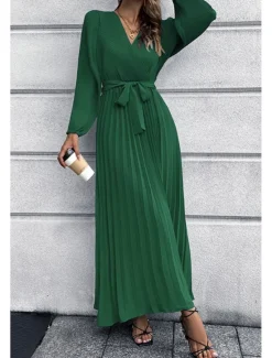 Hot Women's Long Dress Maxi Dress Cocktail Dress Ruched Dress Elegant Fashion Birthday Tea Party Going out Regular Fit Plain Long Sleeve V Neck Black Green Summer Women Cocktail Dress