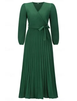 Hot Women's Long Dress Maxi Dress Cocktail Dress Ruched Dress Elegant Fashion Birthday Tea Party Going out Regular Fit Plain Long Sleeve V Neck Black Green Summer Women Cocktail Dress