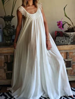 Women's Long Dress Maxi Dress Dress Graduation Dress Casual Dress Cotton Linen Dress Elegant Fashion Classic Outdoor Holiday Date Regular Fit Plain Sleeveless Crew Neck Black Summer Spring Women White Dresses