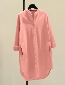 Online Women's Long Dress Maxi Dress Linen-Inspired Dresses Shirt Dress Casual Dress Cotton Linen Dress Stylish Casual Vacation Daily Date Regular Fit Plain Long Sleeve Stand Collar White Yellow Pink Green Women Dresses