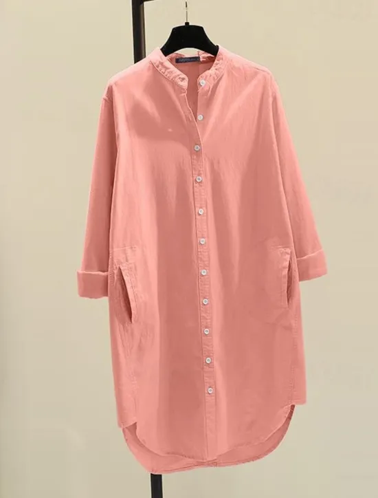 Online Women's Long Dress Maxi Dress Linen-Inspired Dresses Shirt Dress Casual Dress Cotton Linen Dress Stylish Casual Vacation Daily Date Regular Fit Plain Long Sleeve Stand Collar White Yellow Pink Green Women Dresses
