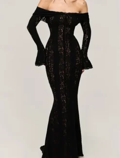 New Women's Long Dress Maxi Dress Lace Dress Prom Dress Party Dress Elegant Fashion Party Special Occasion Evening Party Regular Fit Plain Long Sleeve Off Shoulder Black White Summer Women White Dresses