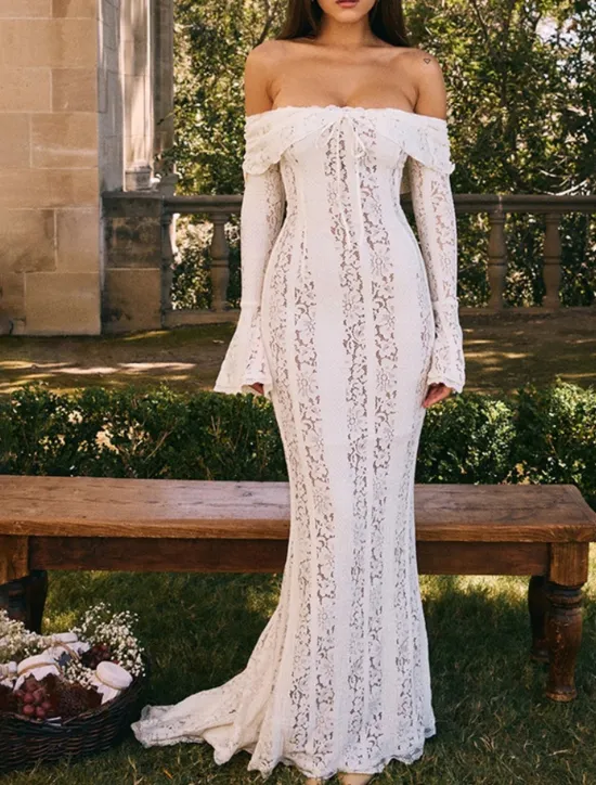 New Women's Long Dress Maxi Dress Lace Dress Prom Dress Party Dress Elegant Fashion Party Special Occasion Evening Party Regular Fit Plain Long Sleeve Off Shoulder Black White Summer Women White Dresses