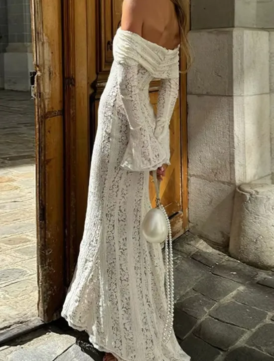 New Women's Long Dress Maxi Dress Lace Dress Prom Dress Party Dress Elegant Fashion Party Special Occasion Evening Party Regular Fit Plain Long Sleeve Off Shoulder Black White Summer Women White Dresses