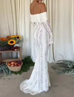 New Women's Long Dress Maxi Dress Lace Dress Prom Dress Party Dress Elegant Fashion Party Special Occasion Evening Party Regular Fit Plain Long Sleeve Off Shoulder Black White Summer Women White Dresses