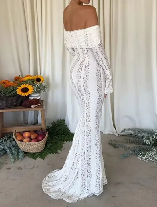 New Women's Long Dress Maxi Dress Lace Dress Prom Dress Party Dress Elegant Fashion Party Special Occasion Evening Party Regular Fit Plain Long Sleeve Off Shoulder Black White Summer Women White Dresses