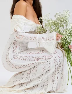 New Women's Long Dress Maxi Dress Lace Dress Prom Dress Party Dress Elegant Fashion Party Special Occasion Evening Party Regular Fit Plain Long Sleeve Off Shoulder Black White Summer Women White Dresses
