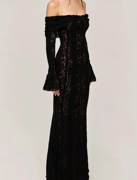 New Women's Long Dress Maxi Dress Lace Dress Prom Dress Party Dress Elegant Fashion Party Special Occasion Evening Party Regular Fit Plain Long Sleeve Off Shoulder Black White Summer Women White Dresses