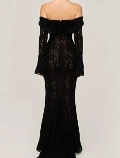 New Women's Long Dress Maxi Dress Lace Dress Prom Dress Party Dress Elegant Fashion Party Special Occasion Evening Party Regular Fit Plain Long Sleeve Off Shoulder Black White Summer Women White Dresses
