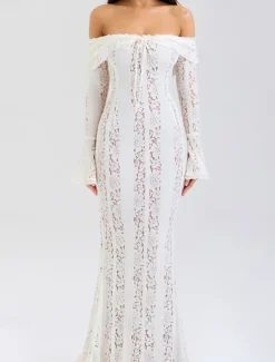 New Women's Long Dress Maxi Dress Lace Dress Prom Dress Party Dress Elegant Fashion Party Special Occasion Evening Party Regular Fit Plain Long Sleeve Off Shoulder Black White Summer Women White Dresses