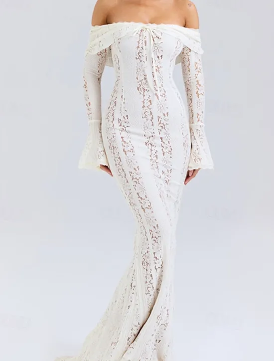 New Women's Long Dress Maxi Dress Lace Dress Prom Dress Party Dress Elegant Fashion Party Special Occasion Evening Party Regular Fit Plain Long Sleeve Off Shoulder Black White Summer Women White Dresses