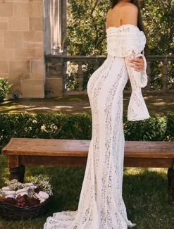 New Women's Long Dress Maxi Dress Lace Dress Prom Dress Party Dress Elegant Fashion Party Special Occasion Evening Party Regular Fit Plain Long Sleeve Off Shoulder Black White Summer Women White Dresses