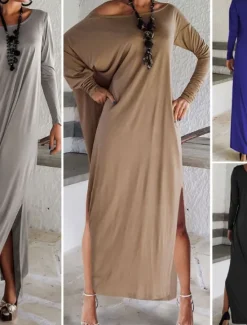 Sale Women's Long Dress Maxi Dress Casual Dress Classic Modern Outdoor Vacation Daily Regular Fit Plain Long Sleeve Crew Neck Black Blue Khaki Gray Summer Women T Shirt Dresses