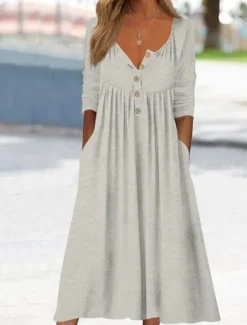 Online Women's Long Dress Maxi Dress Casual Dress Skater Dress Summer Dress Fashion Modern Vacation Daily Weekend Regular Fit Plain Long Sleeve V Neck Black Pink Wine Blue Summer Women White Dresses|Casual Dress