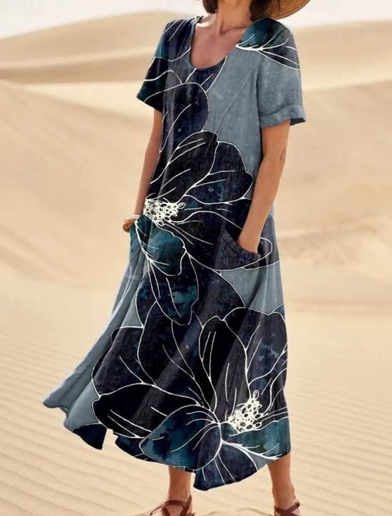 Online Women's Long Dress Maxi Dress Casual Dress Swing Dress Summer Dress Elegant Fashion Romantic Outdoor Party Holiday Regular Fit Flower Short Sleeve Crew Neck Black Blue Green Summer Women Floral Dresses