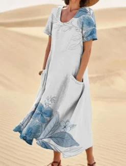 Online Women's Long Dress Maxi Dress Casual Dress Swing Dress Summer Dress Elegant Fashion Romantic Outdoor Party Holiday Regular Fit Flower Short Sleeve Crew Neck Black Blue Green Summer Women Floral Dresses