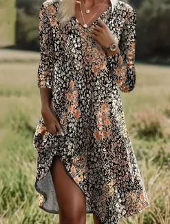 Women's Long Dress Maxi Dress Casual Dress A Line Dress Elegant Vintage Stylish Vacation Party Daily Loose Fit Floral Long Sleeve V Neck Blue Purple Orange Spring Fall Women Floral Dresses|Spring Dresses