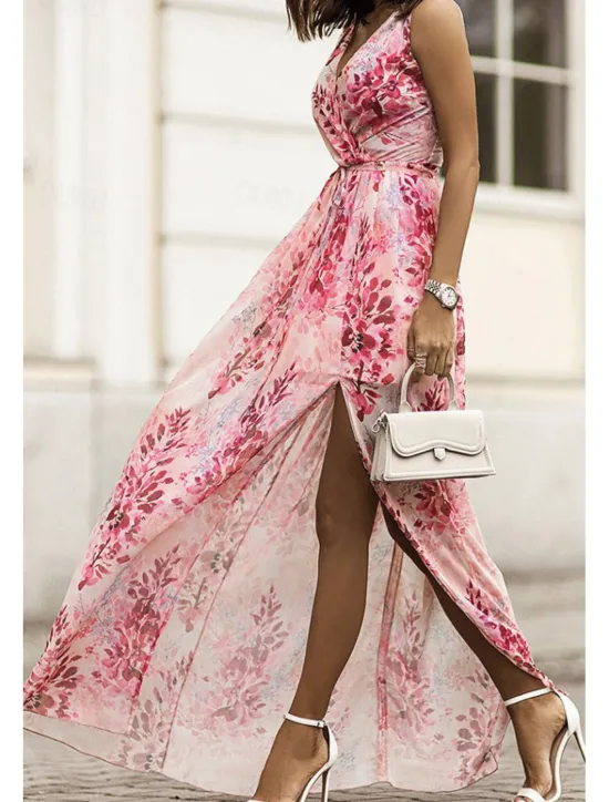 Clearance Women's Long Dress Maxi Dress Cocktail Dress Print Dress Fashion Outdoor Tea Party Going out Regular Fit Flower Sleeveless V Neck Black White Pink Summer Women Floral Dresses
