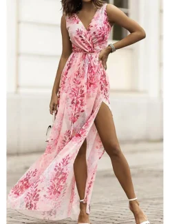 Clearance Women's Long Dress Maxi Dress Cocktail Dress Print Dress Fashion Outdoor Tea Party Going out Regular Fit Flower Sleeveless V Neck Black White Pink Summer Women Floral Dresses