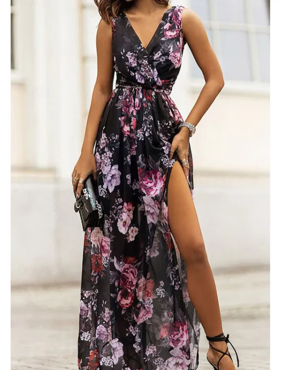 Clearance Women's Long Dress Maxi Dress Cocktail Dress Print Dress Fashion Outdoor Tea Party Going out Regular Fit Flower Sleeveless V Neck Black White Pink Summer Women Floral Dresses