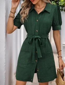 Hot Women's Long Dress Maxi Dress Linen-Inspired Dresses Shirt Dress Casual Dress Elegant Stylish Casual Vacation Party Work Regular Fit Plain Short Sleeve Shirt Collar Summer Spring Women Dresses