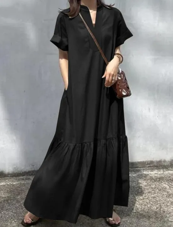 New Women's Long Dress Maxi Dress Linen-Inspired Dresses Casual Dress Cotton Linen Dress Stylish Casual Vacation Daily Date Regular Fit Plain Short Sleeve Stand Collar Black Wine Khaki Summer Spring Women Dresses