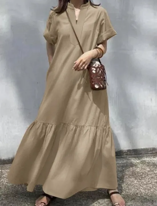 New Women's Long Dress Maxi Dress Linen-Inspired Dresses Casual Dress Cotton Linen Dress Stylish Casual Vacation Daily Date Regular Fit Plain Short Sleeve Stand Collar Black Wine Khaki Summer Spring Women Dresses