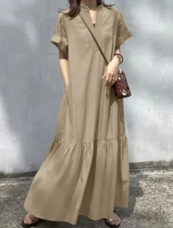 New Women's Long Dress Maxi Dress Linen-Inspired Dresses Casual Dress Cotton Linen Dress Stylish Casual Vacation Daily Date Regular Fit Plain Short Sleeve Stand Collar Black Wine Khaki Summer Spring Women Dresses