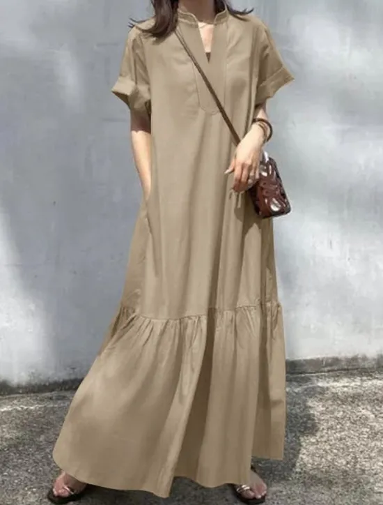New Women's Long Dress Maxi Dress Linen-Inspired Dresses Casual Dress Cotton Linen Dress Stylish Casual Vacation Daily Date Regular Fit Plain Short Sleeve Stand Collar Black Wine Khaki Summer Spring Women Dresses