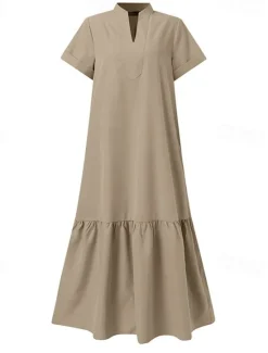 New Women's Long Dress Maxi Dress Linen-Inspired Dresses Casual Dress Cotton Linen Dress Stylish Casual Vacation Daily Date Regular Fit Plain Short Sleeve Stand Collar Black Wine Khaki Summer Spring Women Dresses
