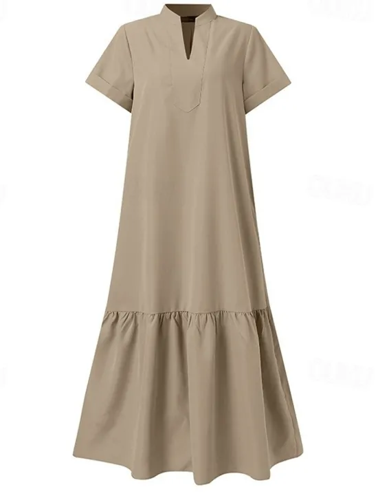 New Women's Long Dress Maxi Dress Linen-Inspired Dresses Casual Dress Cotton Linen Dress Stylish Casual Vacation Daily Date Regular Fit Plain Short Sleeve Stand Collar Black Wine Khaki Summer Spring Women Dresses