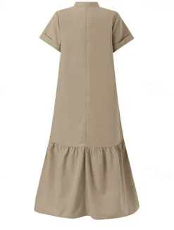 New Women's Long Dress Maxi Dress Linen-Inspired Dresses Casual Dress Cotton Linen Dress Stylish Casual Vacation Daily Date Regular Fit Plain Short Sleeve Stand Collar Black Wine Khaki Summer Spring Women Dresses