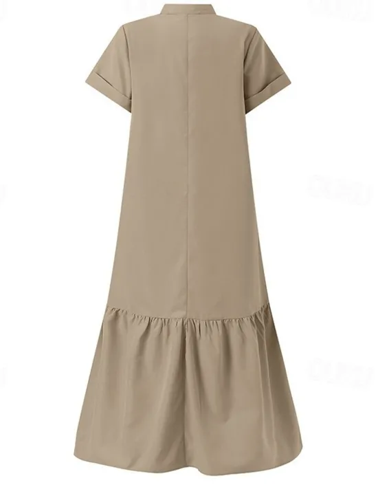 New Women's Long Dress Maxi Dress Linen-Inspired Dresses Casual Dress Cotton Linen Dress Stylish Casual Vacation Daily Date Regular Fit Plain Short Sleeve Stand Collar Black Wine Khaki Summer Spring Women Dresses