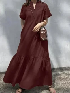 New Women's Long Dress Maxi Dress Linen-Inspired Dresses Casual Dress Cotton Linen Dress Stylish Casual Vacation Daily Date Regular Fit Plain Short Sleeve Stand Collar Black Wine Khaki Summer Spring Women Dresses