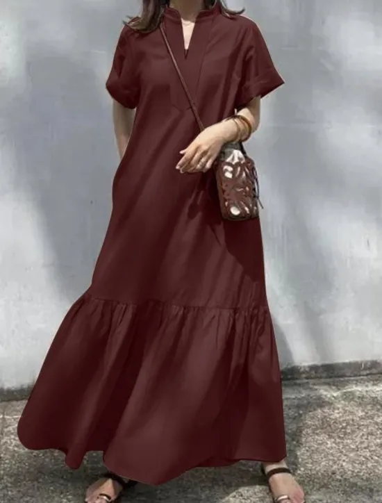 New Women's Long Dress Maxi Dress Linen-Inspired Dresses Casual Dress Cotton Linen Dress Stylish Casual Vacation Daily Date Regular Fit Plain Short Sleeve Stand Collar Black Wine Khaki Summer Spring Women Dresses