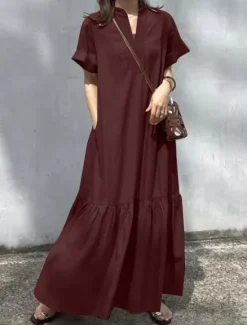 New Women's Long Dress Maxi Dress Linen-Inspired Dresses Casual Dress Cotton Linen Dress Stylish Casual Vacation Daily Date Regular Fit Plain Short Sleeve Stand Collar Black Wine Khaki Summer Spring Women Dresses