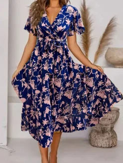 Outlet Women's Long Dress Maxi Dress Casual Dress A Line Dress Elegant Stylish Casual Vacation Daily Regular Fit Floral Short Sleeve V Neck Black Pink Blue Summer Spring Women Spring Dresses