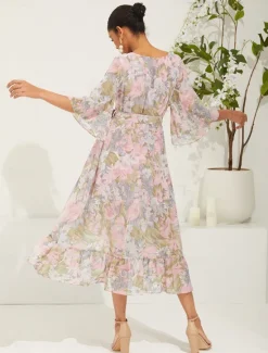 Online Women's Long Dress Maxi Dress Chiffon Dress Elegant Stylish Flutter Sleeve Wedding Vacation Daily Loose Fit Floral 3/4 Length Sleeve V Neck Summer Spring Fall Women Spring Dresses