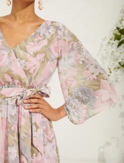 Online Women's Long Dress Maxi Dress Chiffon Dress Elegant Stylish Flutter Sleeve Wedding Vacation Daily Loose Fit Floral 3/4 Length Sleeve V Neck Summer Spring Fall Women Spring Dresses