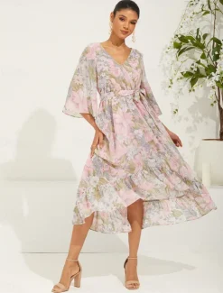 Online Women's Long Dress Maxi Dress Chiffon Dress Elegant Stylish Flutter Sleeve Wedding Vacation Daily Loose Fit Floral 3/4 Length Sleeve V Neck Summer Spring Fall Women Spring Dresses