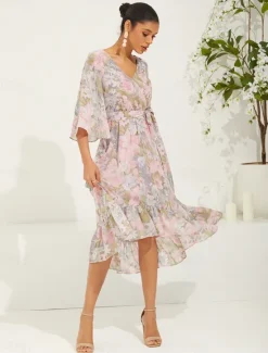 Online Women's Long Dress Maxi Dress Chiffon Dress Elegant Stylish Flutter Sleeve Wedding Vacation Daily Loose Fit Floral 3/4 Length Sleeve V Neck Summer Spring Fall Women Spring Dresses