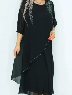 New Women's Long Dress Maxi Dress Casual Dress Cocktail Dress Wedding Guest Dress Chiffon Dress Elegant Stylish Work Daily Engagement Loose Fit Plain 3/4 Length Sleeve Crew Neck Black Royal Blue Purple Women Cocktail Dress