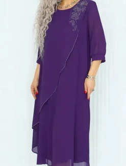 New Women's Long Dress Maxi Dress Casual Dress Cocktail Dress Wedding Guest Dress Chiffon Dress Elegant Stylish Work Daily Engagement Loose Fit Plain 3/4 Length Sleeve Crew Neck Black Royal Blue Purple Women Cocktail Dress