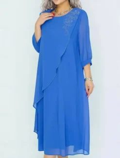 New Women's Long Dress Maxi Dress Casual Dress Cocktail Dress Wedding Guest Dress Chiffon Dress Elegant Stylish Work Daily Engagement Loose Fit Plain 3/4 Length Sleeve Crew Neck Black Royal Blue Purple Women Cocktail Dress